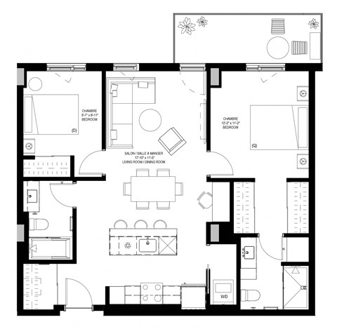 Floor plan for 2 beds, 2 baths, 926 sqft